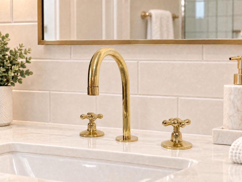 Unlacquered Solid Brass Widespread Bathroom Faucet - 3-Hole Gooseneck Vanity Faucet