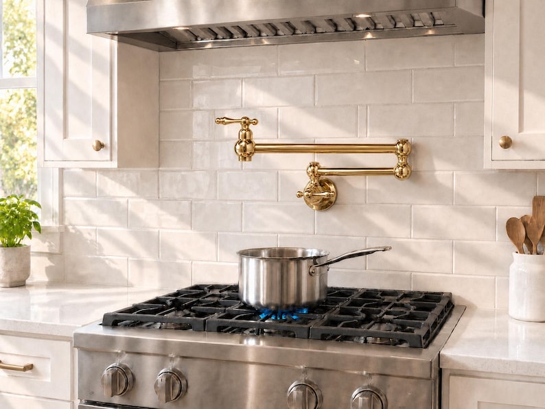 Unlacquered Brass Pot Filler Faucet - Vintage Swing Arm Kitchen Faucet - Wall Mount Stove Pot Filler