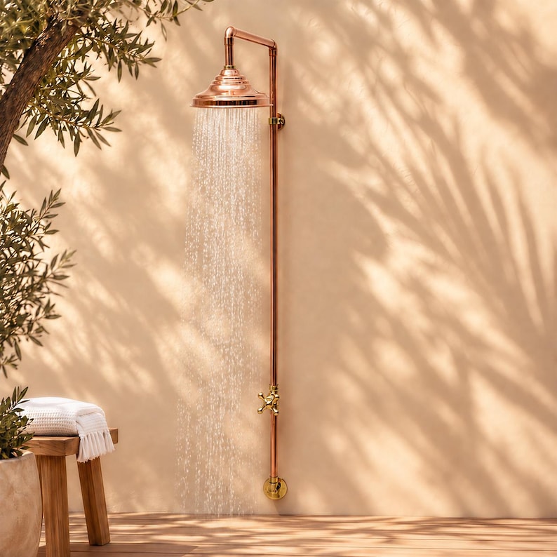 Unlacquered Copper Outdoor Shower System, Handcrafted Rainfall Shower Head, Exposed Pipe Garden Pool Patio Shower Bronzia